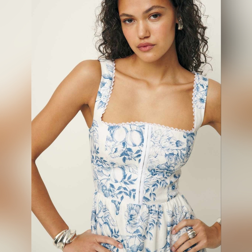 NEW Reformation Sheri Linen Corset Mini Dress Corsica White Blue Size 4 - Picture 15 of 15